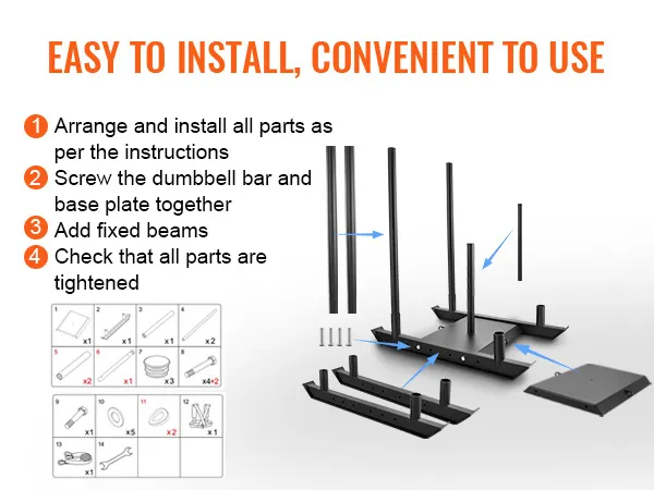 Einfache Montageanleitung für den VEVOR-Krafttrainingsschlitten mit beschrifteten Teilen und Schritten.