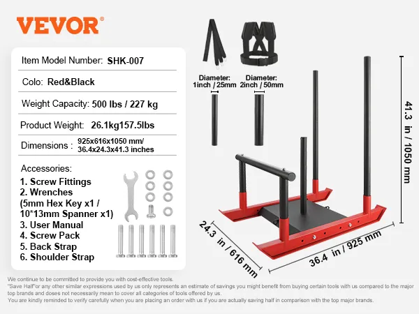 VEVOR weight training sled, red and black, 500 lbs capacity, 41.3 x 36.4 x 24.3 inches with accessories.