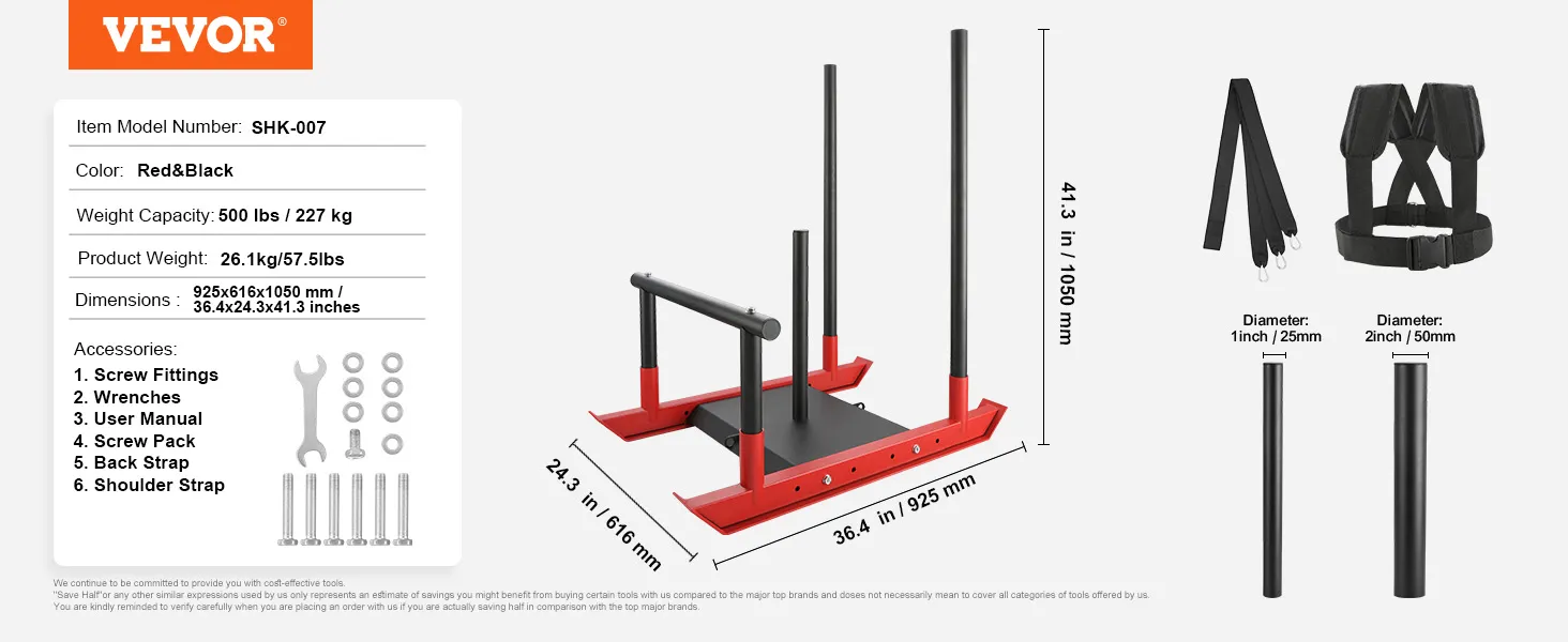 VEVOR weight training sled, red and black, 500 lbs capacity, 41.3 x 36.4 x 24.3 inches with accessories.