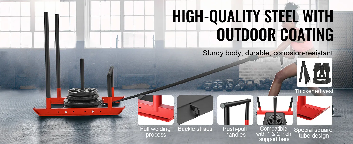 high-quality VEVOR weight training sled with outdoor coating, full welding process, and push-pull handles.