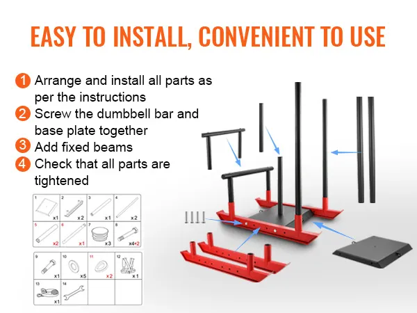 easy-to-install VEVOR weight training sled with parts list and assembly instructions.