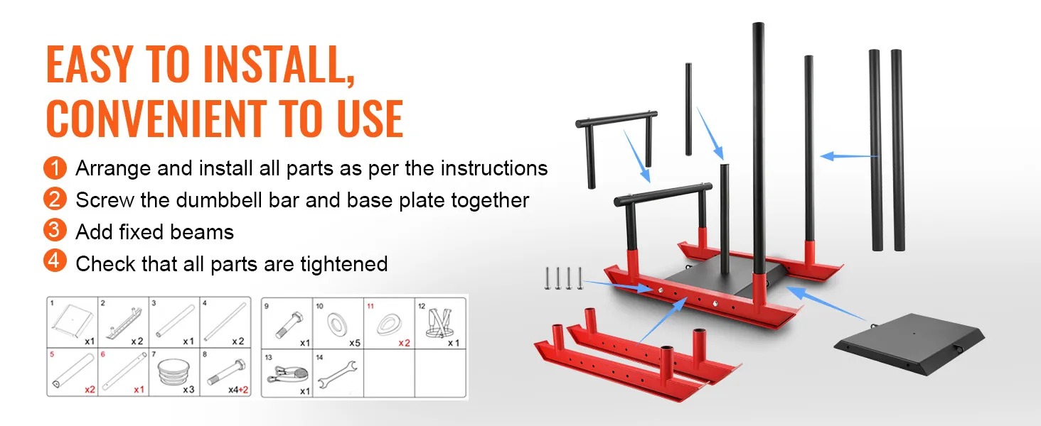 easy-to-install VEVOR weight training sled with parts list and assembly instructions.