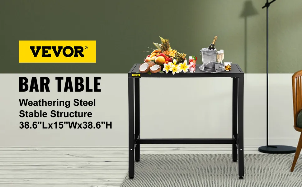 VEVOR outdoor bar table with fruits and drinks on a weathering steel structure.