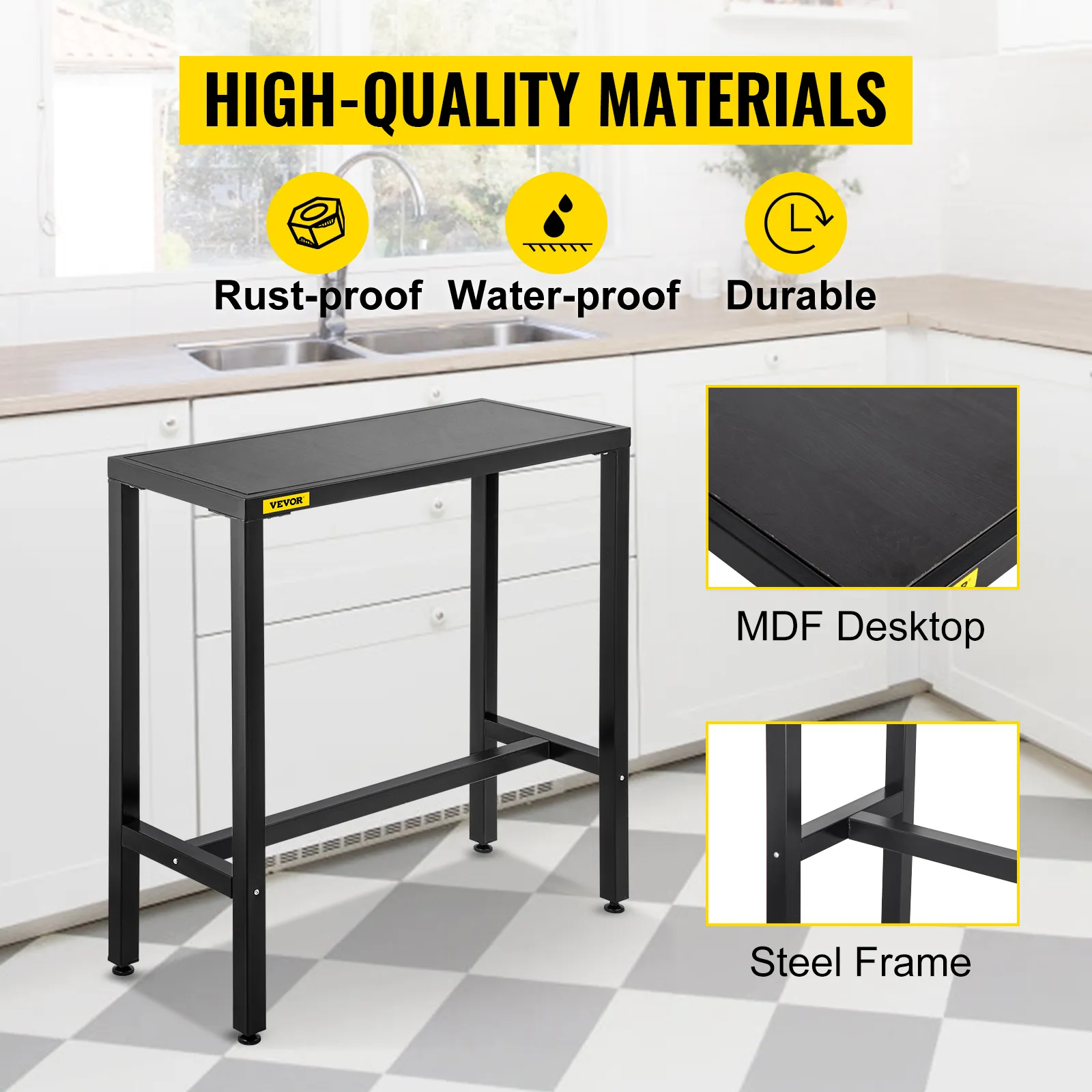VEVOR outdoor bar table in kitchen, highlighting rust-proof, waterproof mdf desktop and durable steel frame.