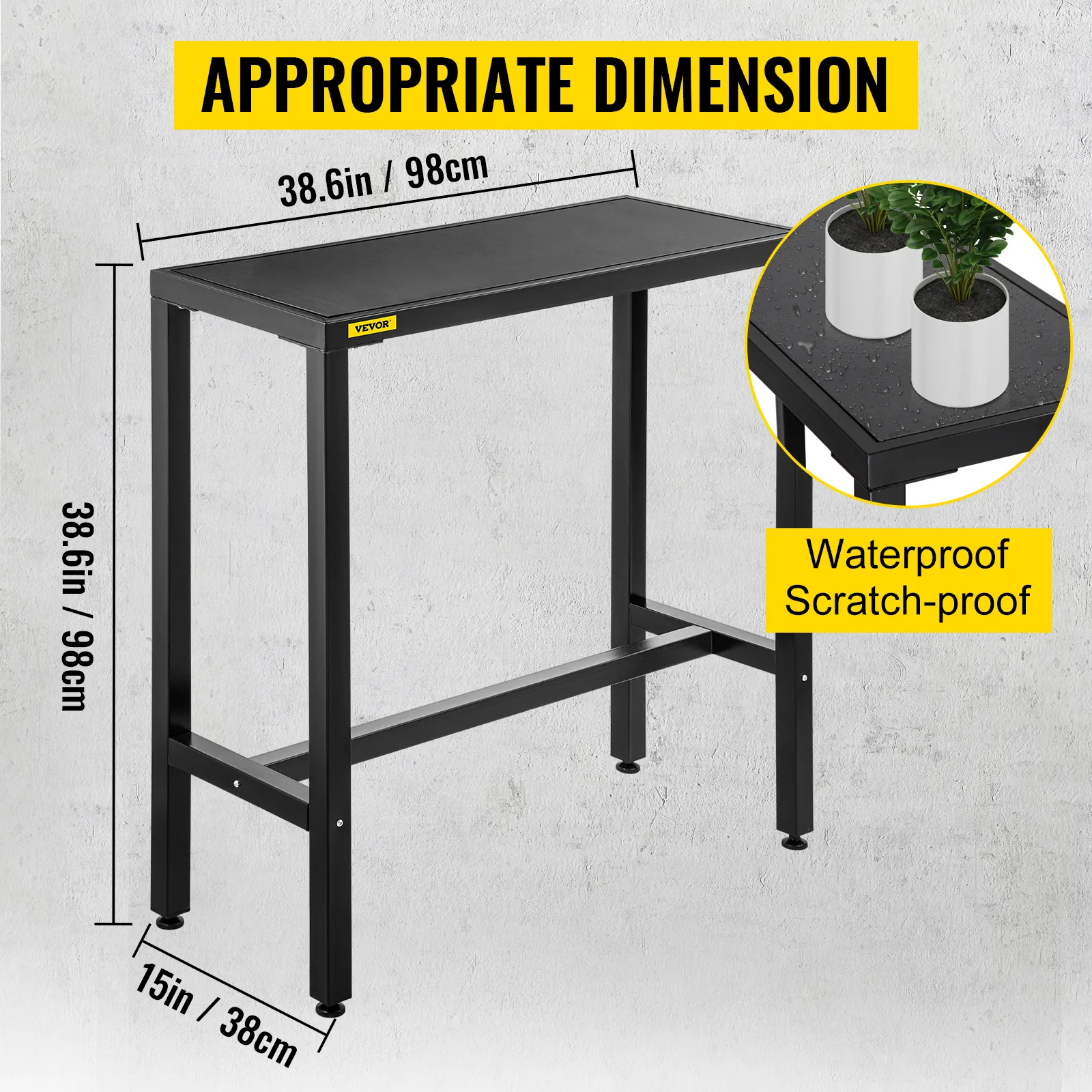 VEVOR outdoor bar table with waterproof and scratch-proof surface. dimensions: 38.6in x 15in.