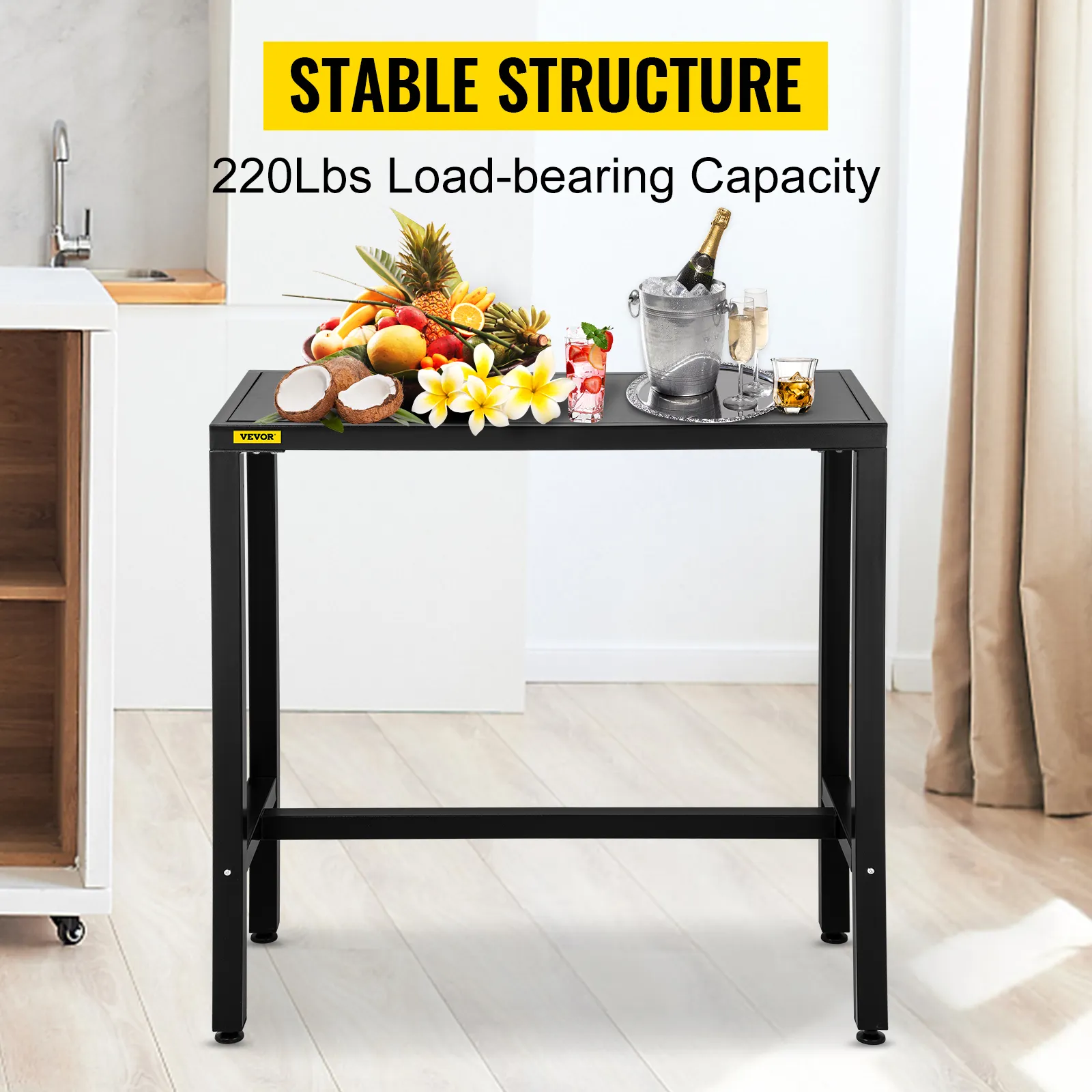 black VEVOR outdoor bar table with fruits and drinks, 220 lbs load capacity.