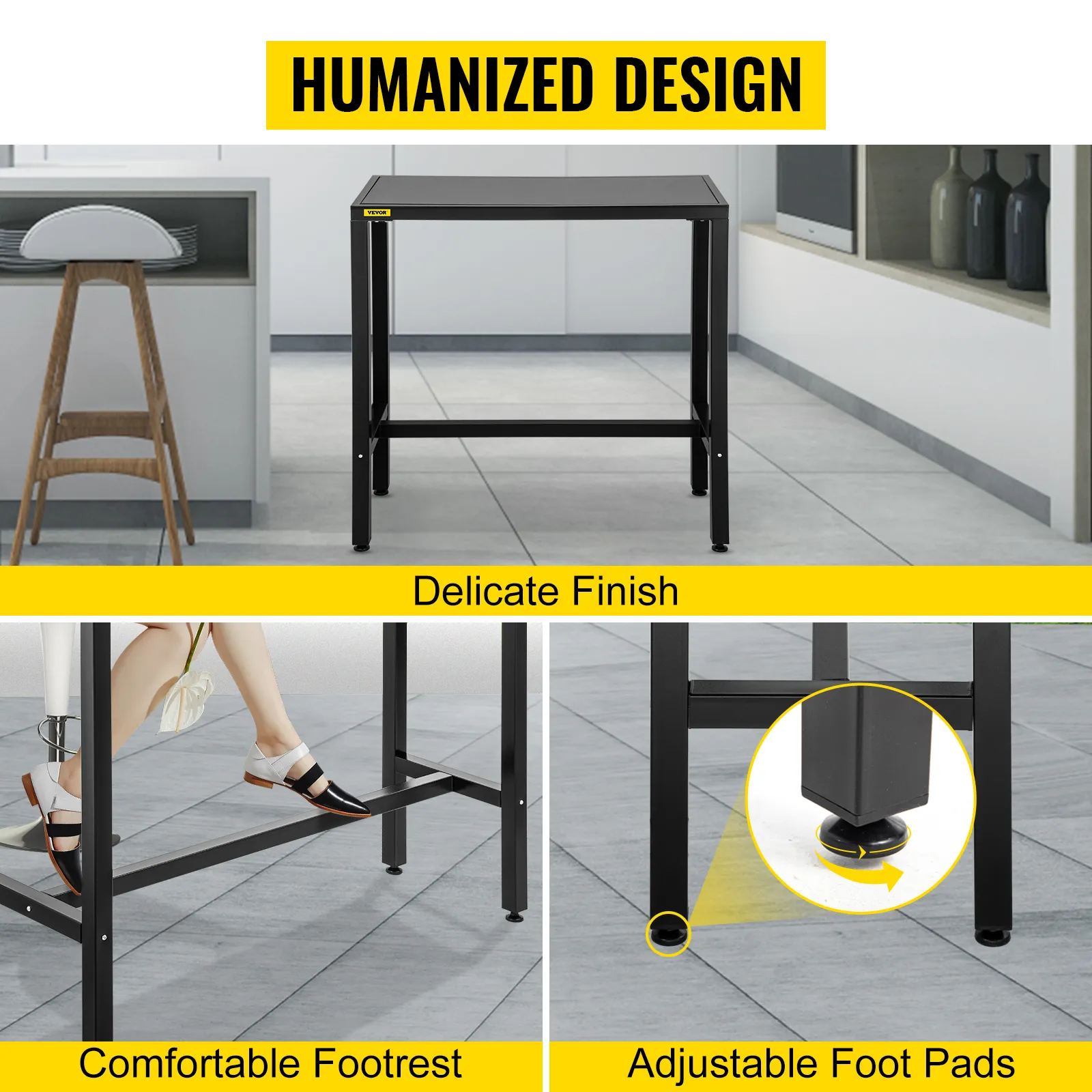 VEVOR outdoor bar table with comfortable footrest and adjustable foot pads.