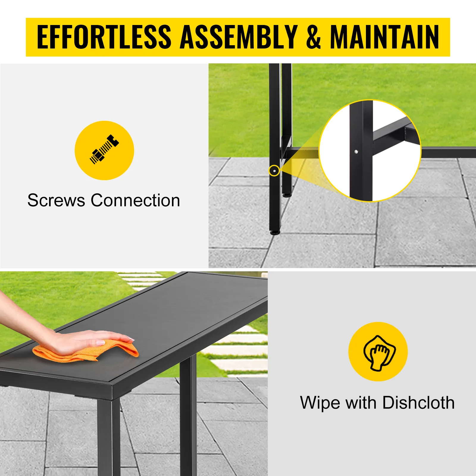 VEVOR outdoor bar table, easy to assemble with screws, wipe clean with a dishcloth.