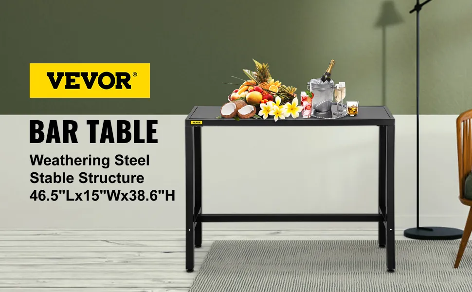 VEVOR-bartafel voor buiten met fruit, champagne en bloemen in een moderne kameropstelling.