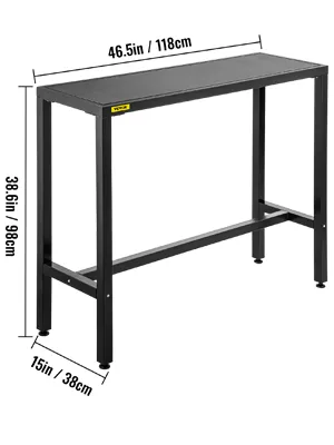 Zwarte VEVOR buitenbartafel, 128 x 38 x 98 cm, stalen frame.