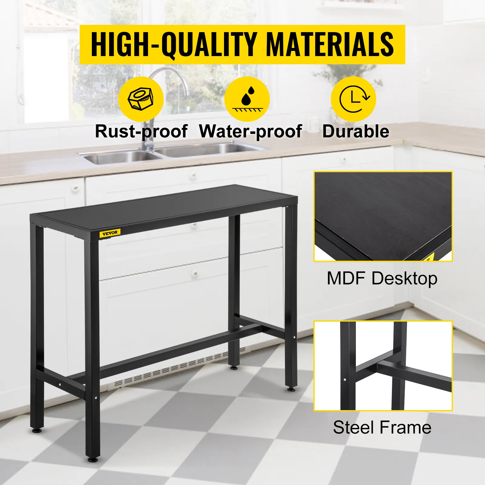 VEVOR buitenbartafel met mdf-blad en stalen frame, roestvrij en waterbestendig.