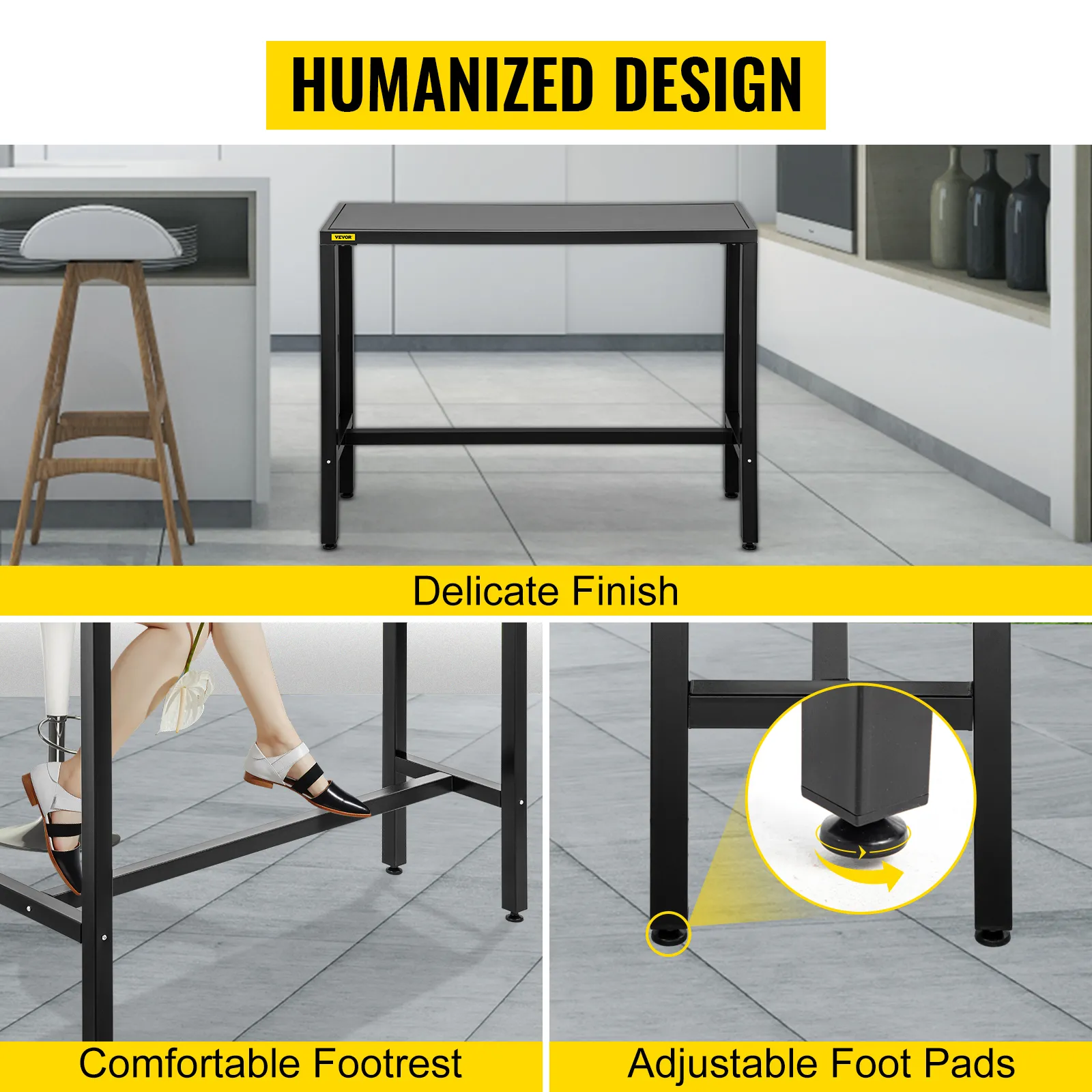 VEVOR bartafel voor buiten met een verfijnde afwerking, comfortabele voetenbank en verstelbare voetkussentjes.
