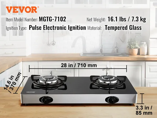 Cocina a gas VEVOR modelo mgtg-7102 sobre encimera de cocina con dimensiones y detalles del producto.