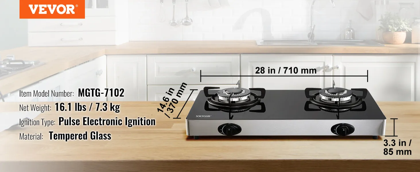 Cocina a gas VEVOR modelo mgtg-7102 sobre encimera de cocina con dimensiones y detalles del producto.