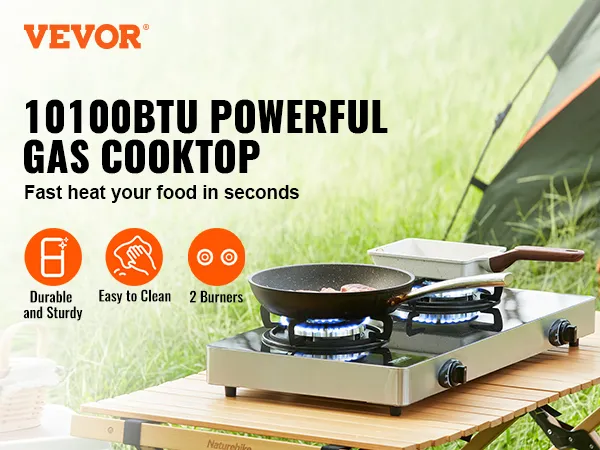 Cocina a gas VEVOR con 2 quemadores sobre una mesa, el texto dice "Potente cocina a gas de 10100 btu, fácil de limpiar".
