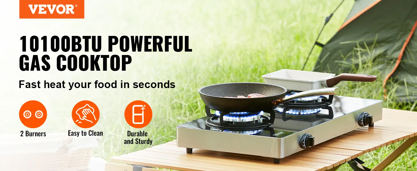 Cocina a gas VEVOR con 2 quemadores sobre una mesa, el texto dice "Potente cocina a gas de 10100 btu, fácil de limpiar".