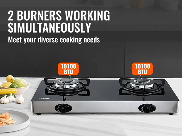 Estufa a gas VEVOR con 2 quemadores de 10100 btu cada uno, rodeada de verduras frescas.