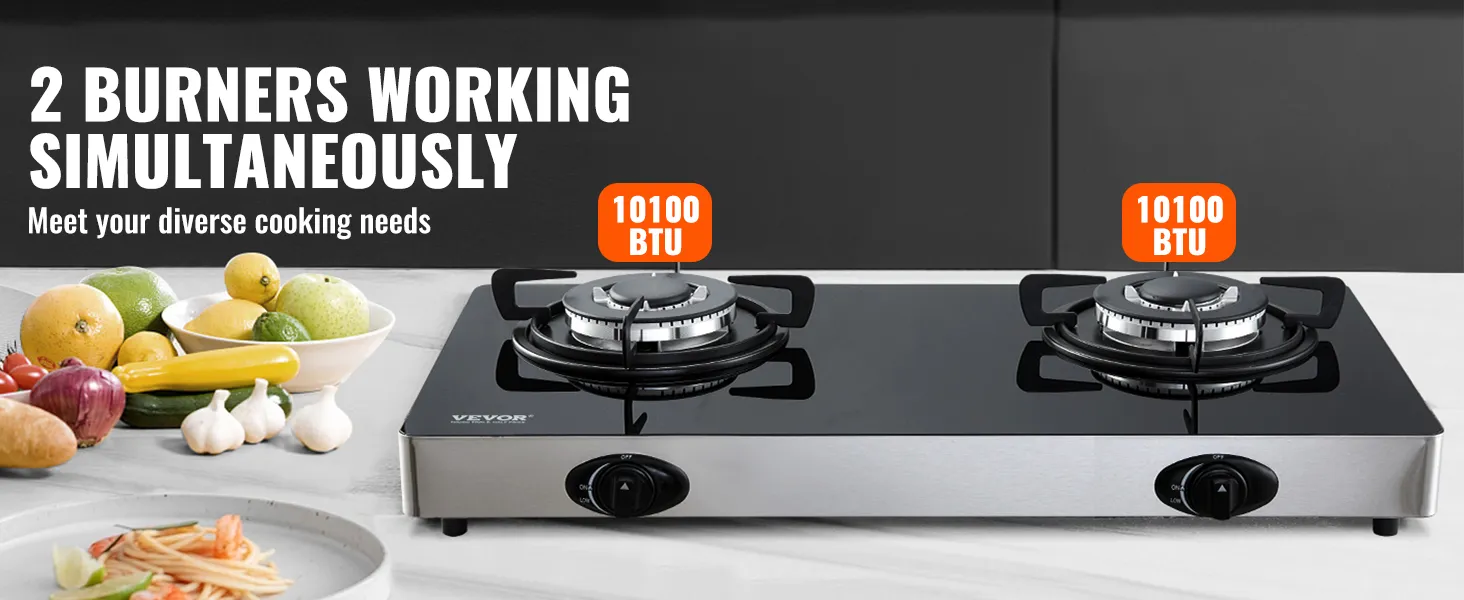 Estufa a gas VEVOR con 2 quemadores de 10100 btu cada uno, rodeada de verduras frescas.