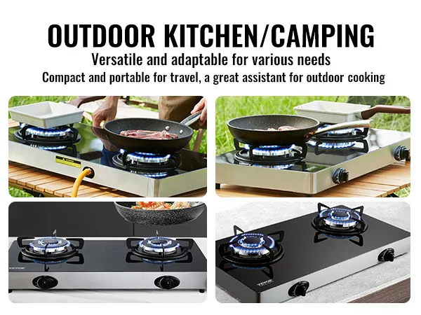 Cocina a gas VEVOR para cocina al aire libre, versátil y portátil para acampar con quemadores duales.