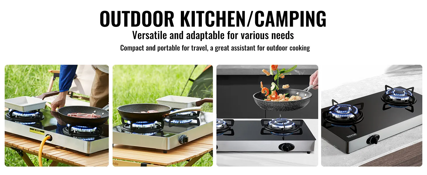 Cocina a gas VEVOR para cocina al aire libre, versátil y portátil para acampar con quemadores duales.