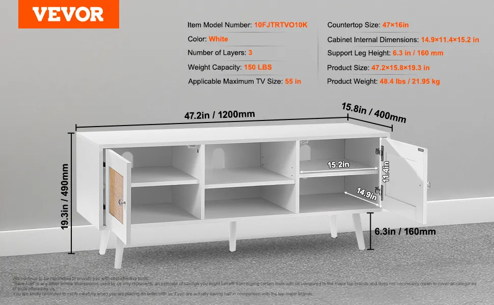 white VEVOR rattan tv stand with 3 layers, 47.2x15.8x19.3 inches, 150 lbs weight capacity, fits 55 in tvs.