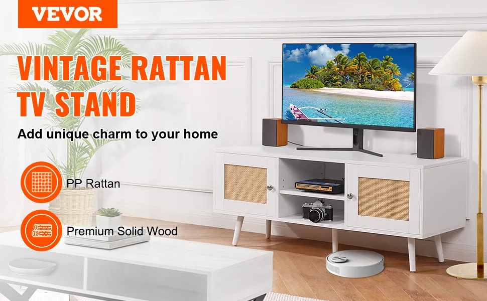 VEVOR rattan tv stand with vintage design, pp rattan doors, and premium solid wood frame in stylish room.