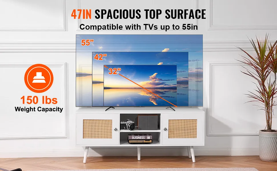 VEVOR rattan tv stand fits up to 55in tvs, 47in spacious top surface, 150 lbs weight capacity.