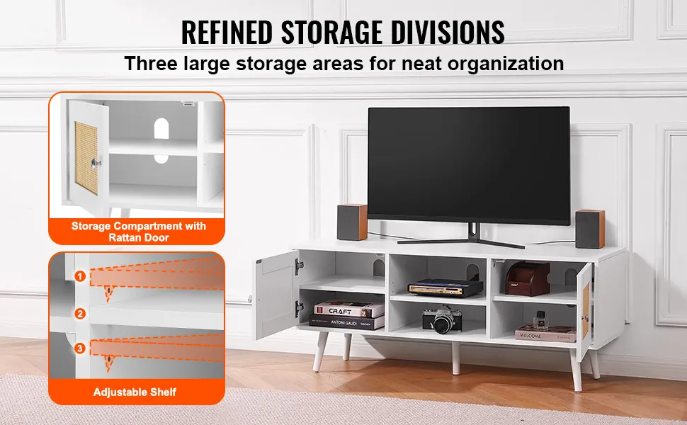 VEVOR rattan tv stand with three large storage areas, adjustable shelves, and rattan door compartment.