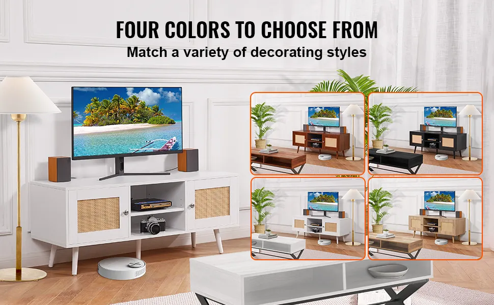 VEVOR rattan tv stand in four colors, complementing various room styles with modern and chic designs.
