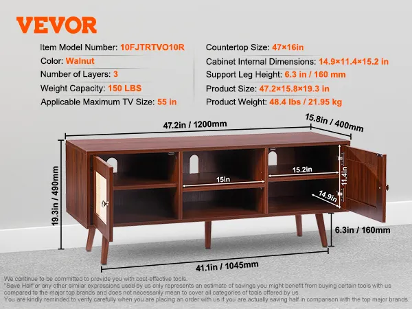 VEVOR rattan tv stand in walnut, 47.2x15.8x19.3in with three layers, doors open to reveal shelves and storage.