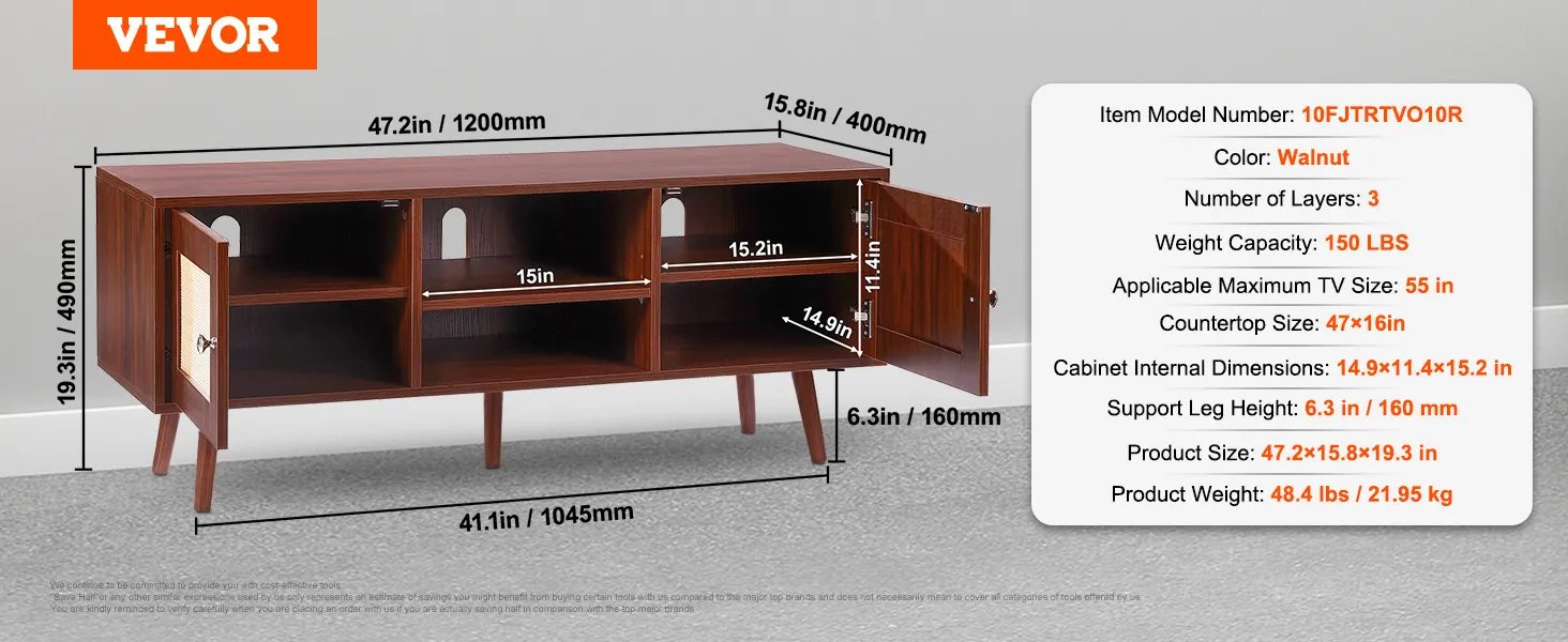 VEVOR rattan tv stand in walnut, 47.2x15.8x19.3in with three layers, doors open to reveal shelves and storage.