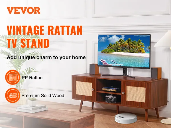 VEVOR rattan tv stand in a stylish living room, featuring a tv, plant, and robot vacuum.