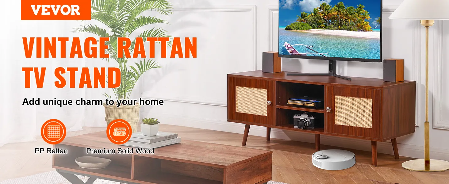 VEVOR rattan tv stand in a stylish living room, featuring a tv, plant, and robot vacuum.