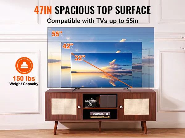 47in VEVOR rattan tv stand with 150 lbs weight capacity, holds tvs up to 55in.