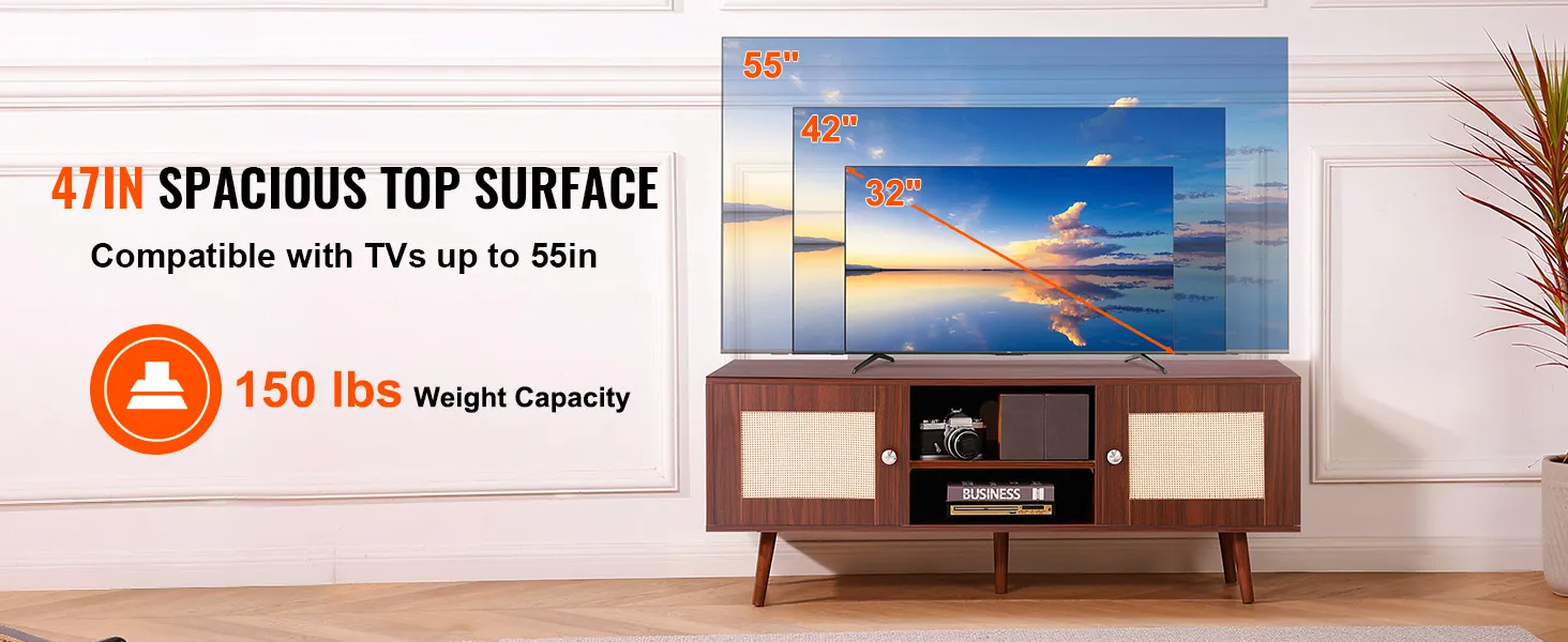 47in VEVOR rattan tv stand with 150 lbs weight capacity, holds tvs up to 55in.