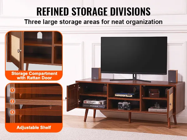 VEVOR rattan tv stand with refined storage divisions featuring a rattan door and adjustable shelves.