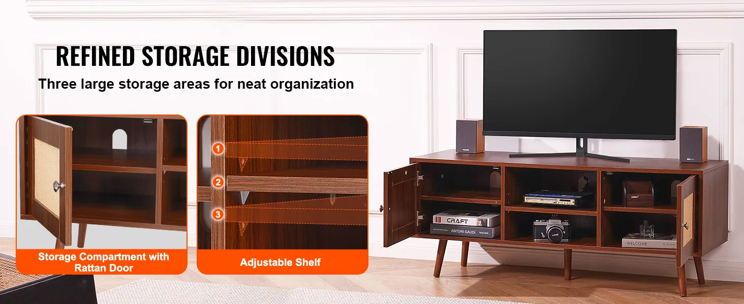 VEVOR rattan tv stand with refined storage divisions featuring a rattan door and adjustable shelves.