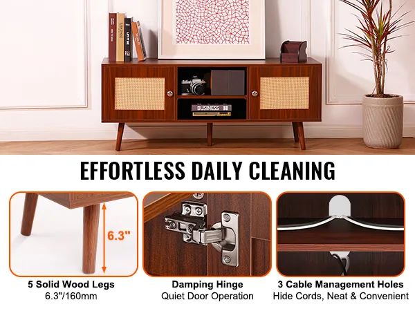 VEVOR rattan tv stand with 5 solid wood legs, damping hinge, and 3 cable management holes.