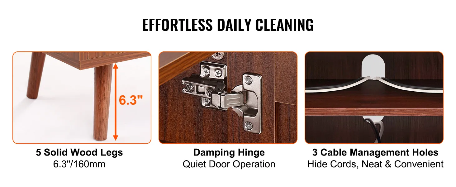 VEVOR rattan tv stand with 5 solid wood legs, damping hinge, and 3 cable management holes.