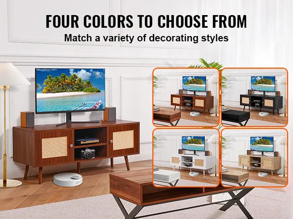 VEVOR rattan tv stand in four colors, styled with modern decor, tropical-themed tv display.