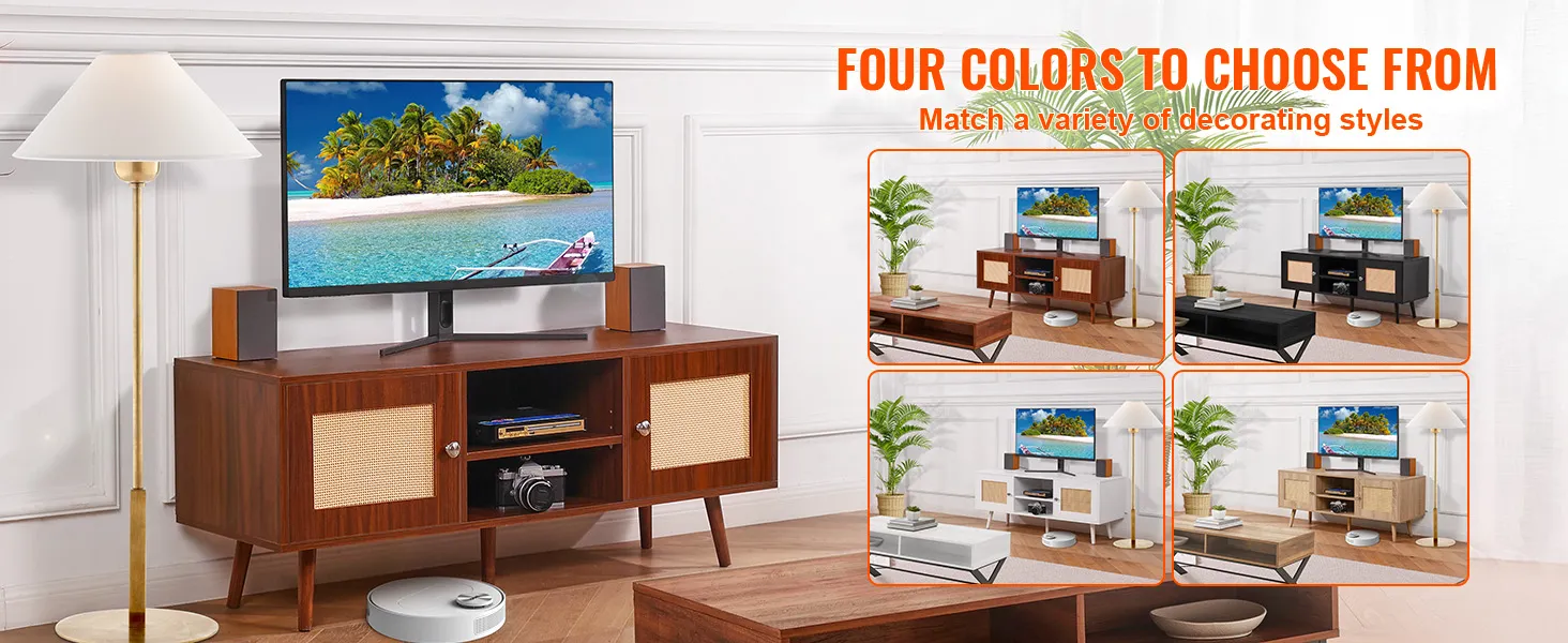 VEVOR rattan tv stand in four colors, styled with modern decor, tropical-themed tv display.