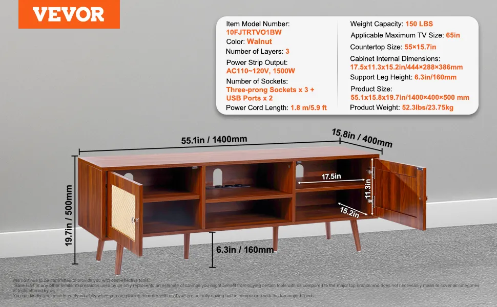 Mobile TV VEVOR in rattan, finitura noce, larghezza 55 pollici, 3 ripiani portaoggetti e prese multiple.