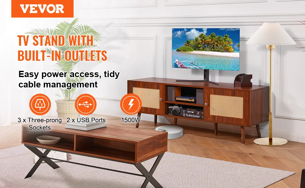 Mobile TV in rattan VEVOR con prese elettriche integrate, porte USB e sistema di gestione dei cavi per un facile accesso all'alimentazione.