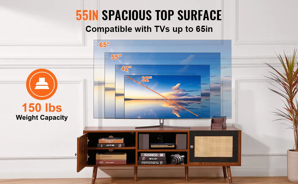 Il mobile porta TV in rattan VEVOR con superficie da 55 pollici può contenere TV fino a 65 pollici e supporta un peso di 150 libbre, creando un ambiente elegante.