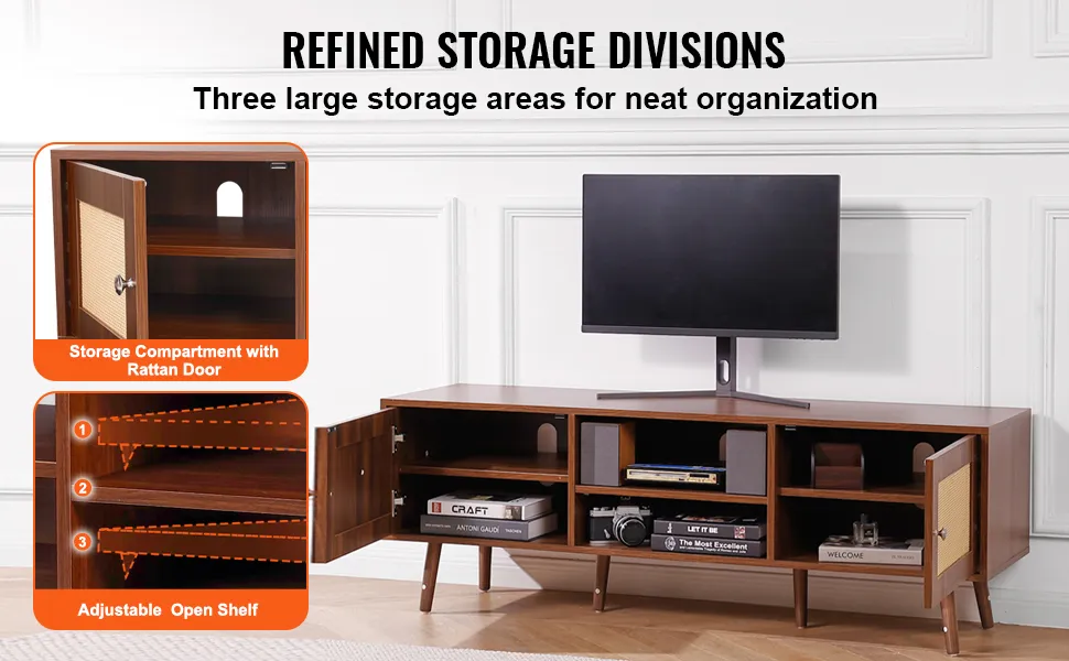 Mobile porta TV in rattan VEVOR con tre ampi spazi di stoccaggio, ripiani regolabili e vano portaoggetti in rattan.