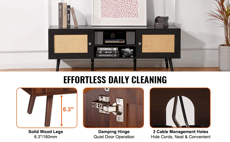 Mobile porta TV in rattan VEVOR con gambe in legno massello, cerniera ammortizzante e fori per la gestione dei cavi.