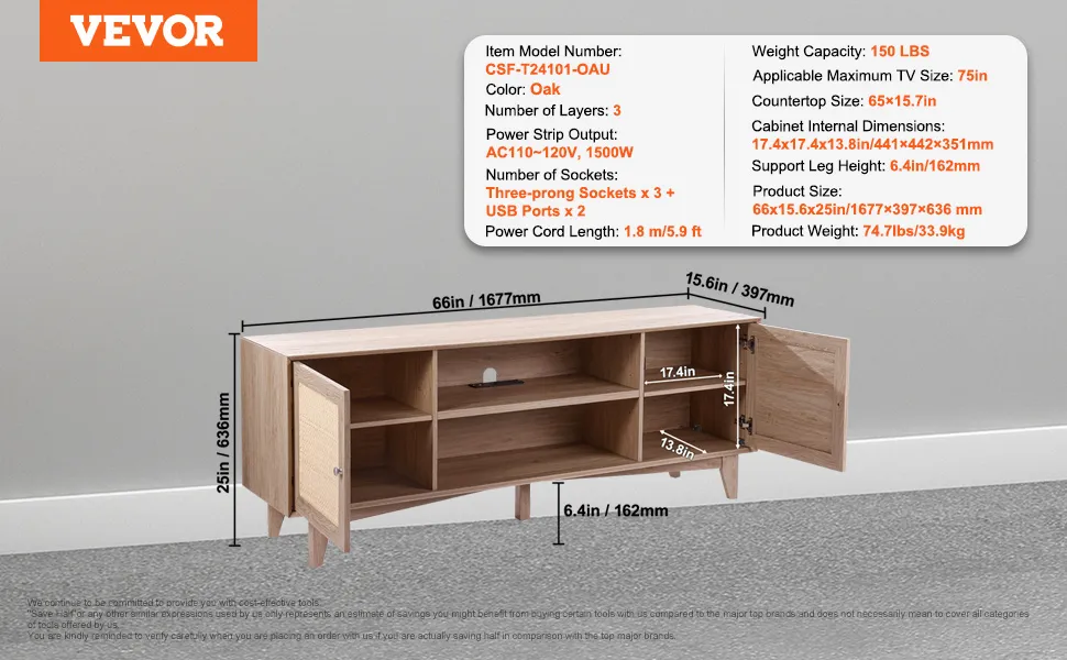 VEVOR Rattan-TV-Ständer mit Eichen-Finish, 3 Ebenen, 2 USB-Anschlüsse, Steckdosenleiste, 66 x 15,65 x 25 Zoll, 150 lbs Tragkraft.