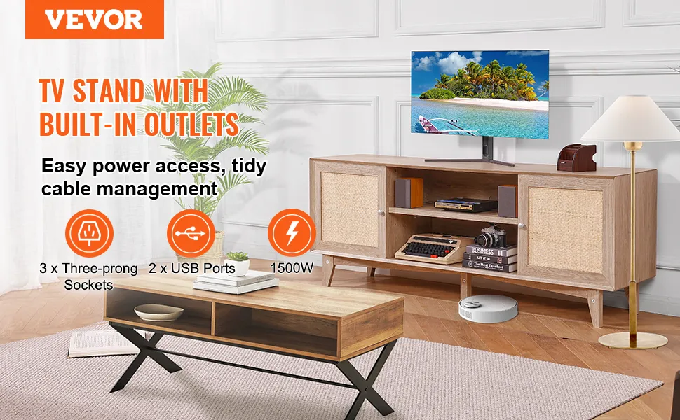 VEVOR Rattan-TV-Ständer mit integrierten Steckdosen und USB-Anschlüssen, einfaches Kabelmanagement, stilvolles Wohnzimmer.