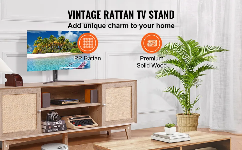 VEVOR-TV-Ständer aus Rattan in einem stilvollen Wohnzimmer mit tropischen Pflanzen und modernem Dekor.