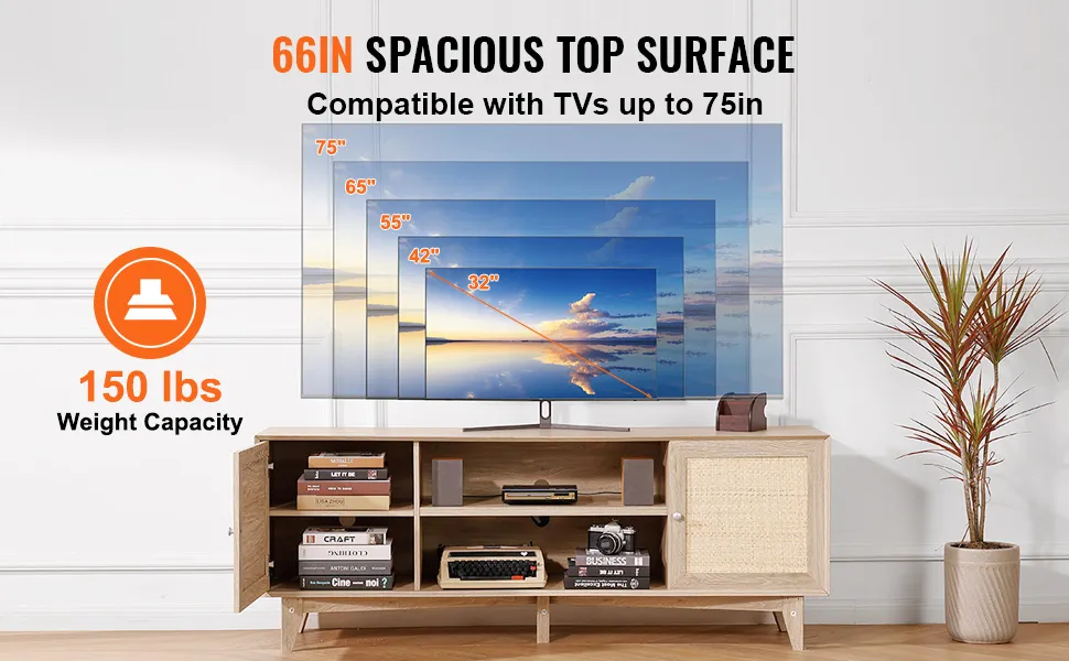 VEVOR-TV-Ständer aus Rattan mit 66 Zoll Oberfläche, unterstützt Fernseher bis zu 75 Zoll, Tragfähigkeit 150 lbs.